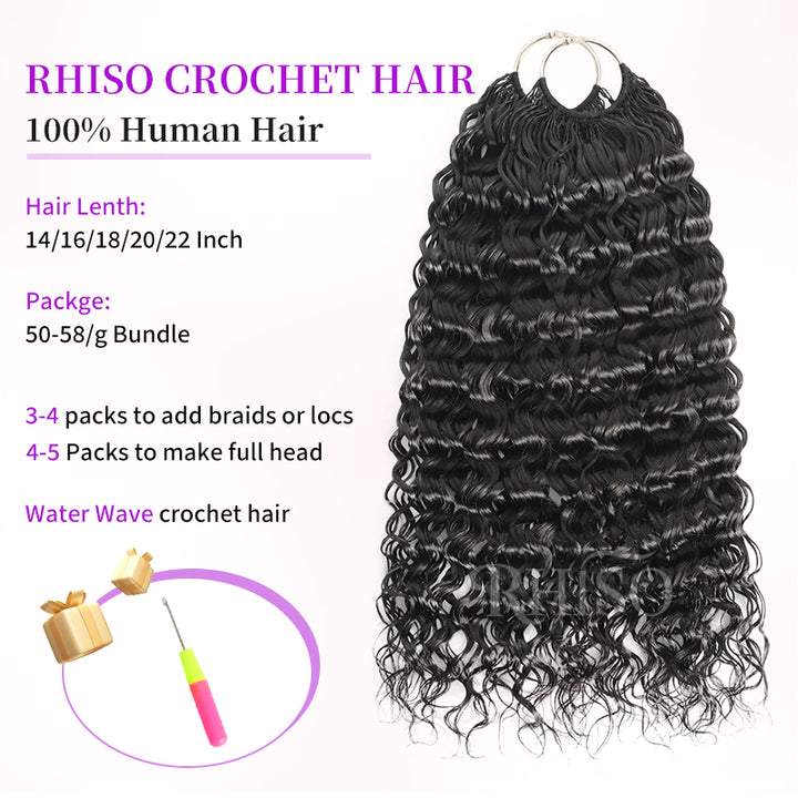 RhisoHair Water Wave Crochet Hair Natural Black Machine Made Feather Human Hair Extension