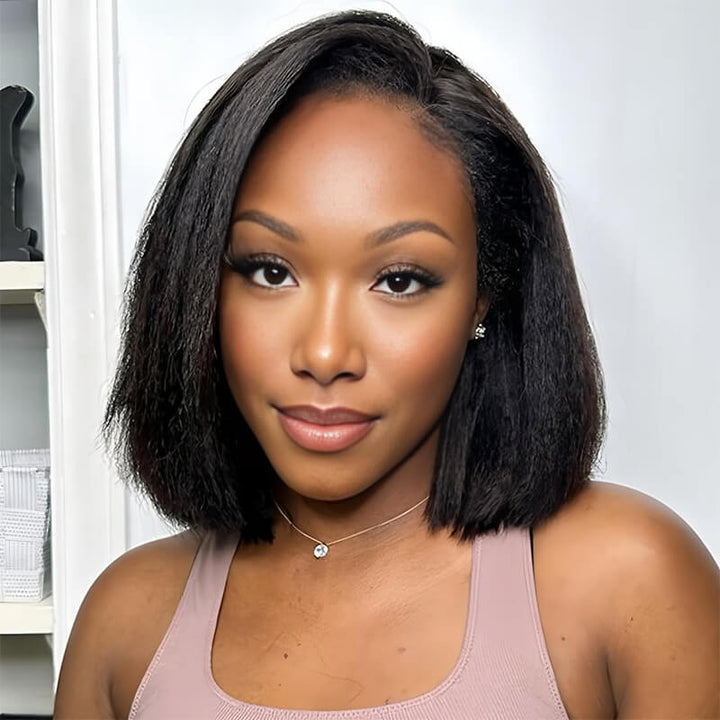 4x4 HD Lace Closure Kinky Straight Short Bob Wig Brazilian Virgin Human Hair Yaki Bob Wig