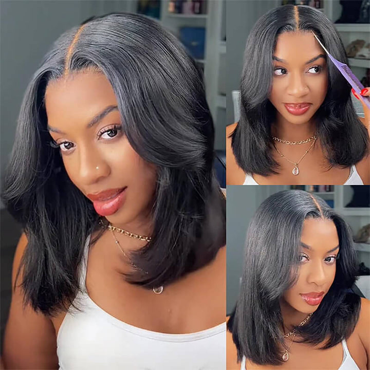 4x4 HD Lace Closure Kinky Straight Short Bob Wig Brazilian Virgin Human Hair Yaki Bob Wig