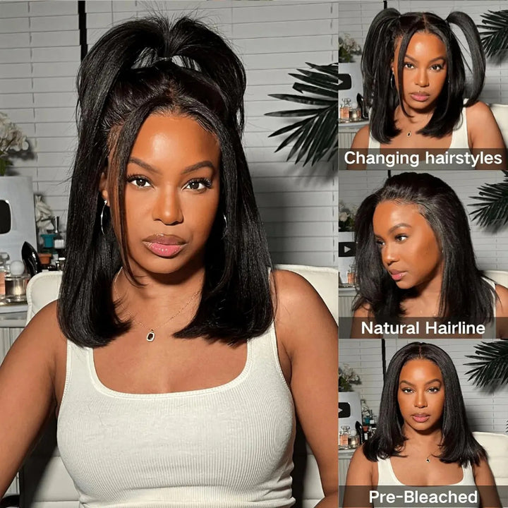 4x4 HD Lace Closure Kinky Straight Short Bob Wig Brazilian Virgin Human Hair Yaki Bob Wig