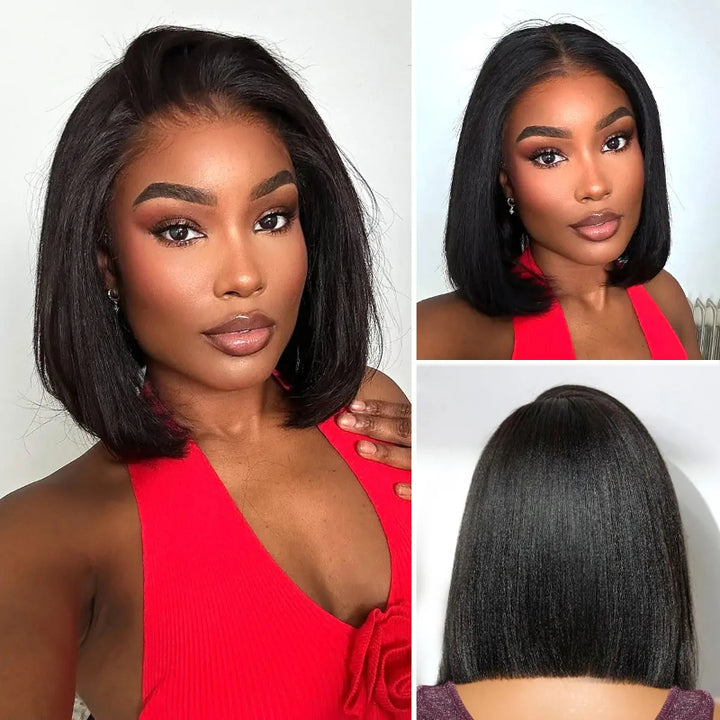 4x4 HD Lace Closure Kinky Straight Short Bob Wig Brazilian Virgin Human Hair Yaki Bob Wig