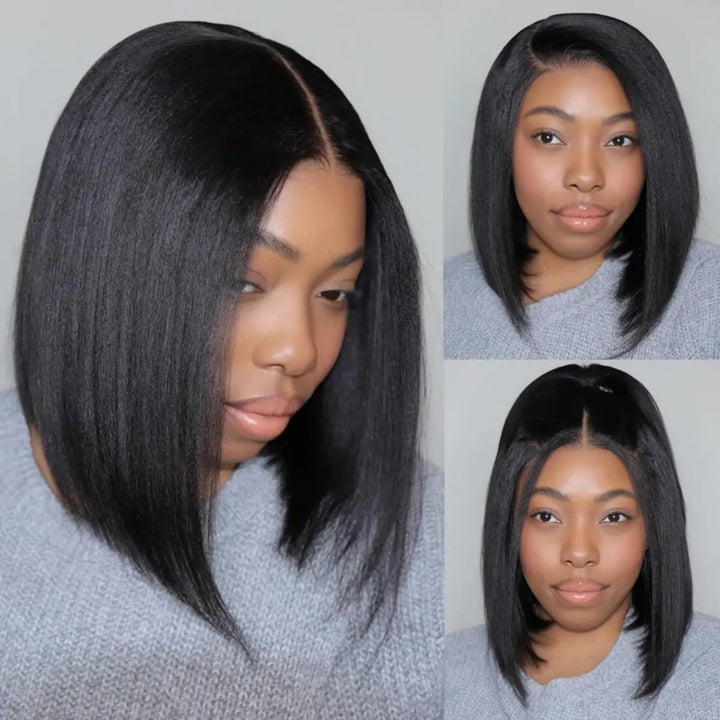 4x4 HD Lace Closure Kinky Straight Short Bob Wig Brazilian Virgin Human Hair Yaki Bob Wig