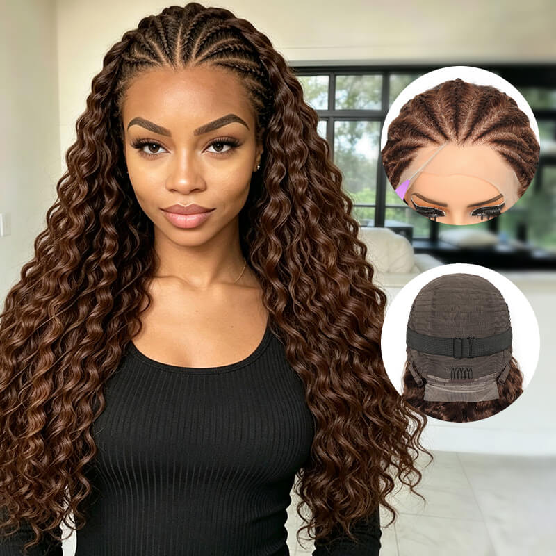 Pre-Braided #4 Chocolate Brown Deep Wave Human Hair Wig Pre-Plucked 13x6 HD Lace Frontal Wig