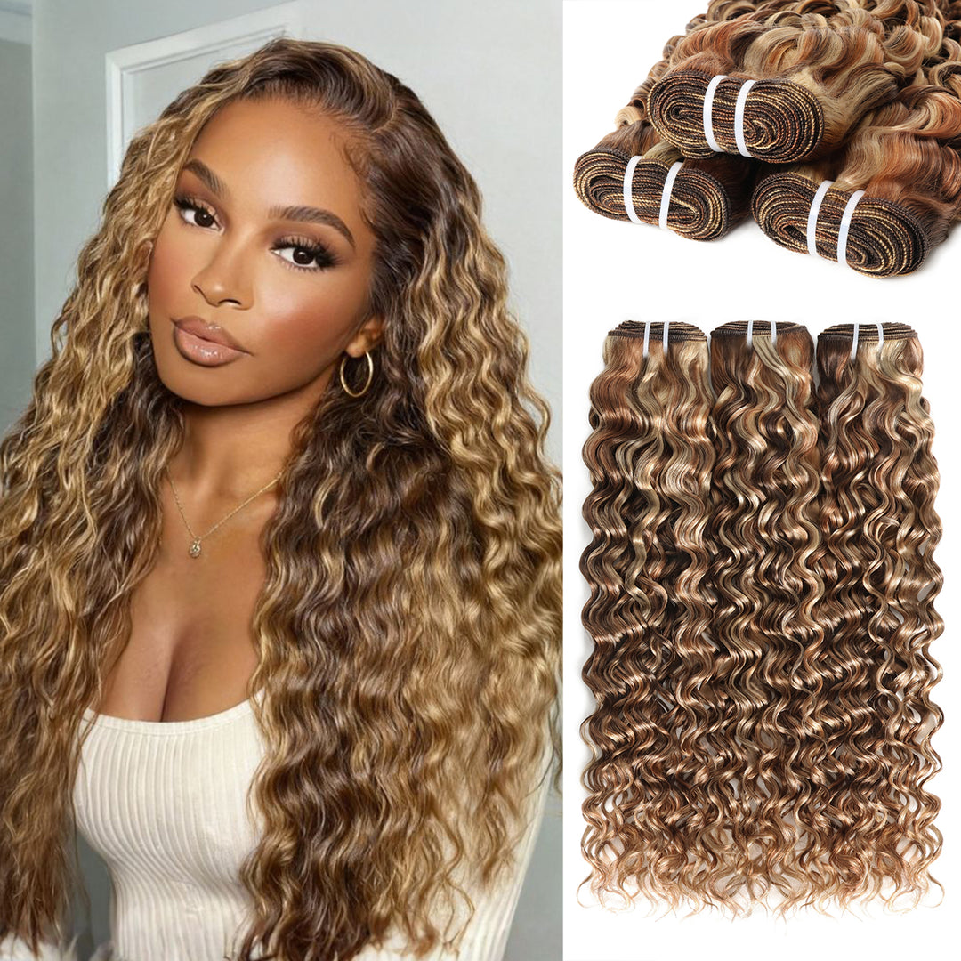 RhisoHair Mix Brown P4/27/613 Highlight Water Wave 3 Bundles with 5x5 Lace Closure Virgin Human Hair Bundles Double Weft Honey Blonde Weave for Women