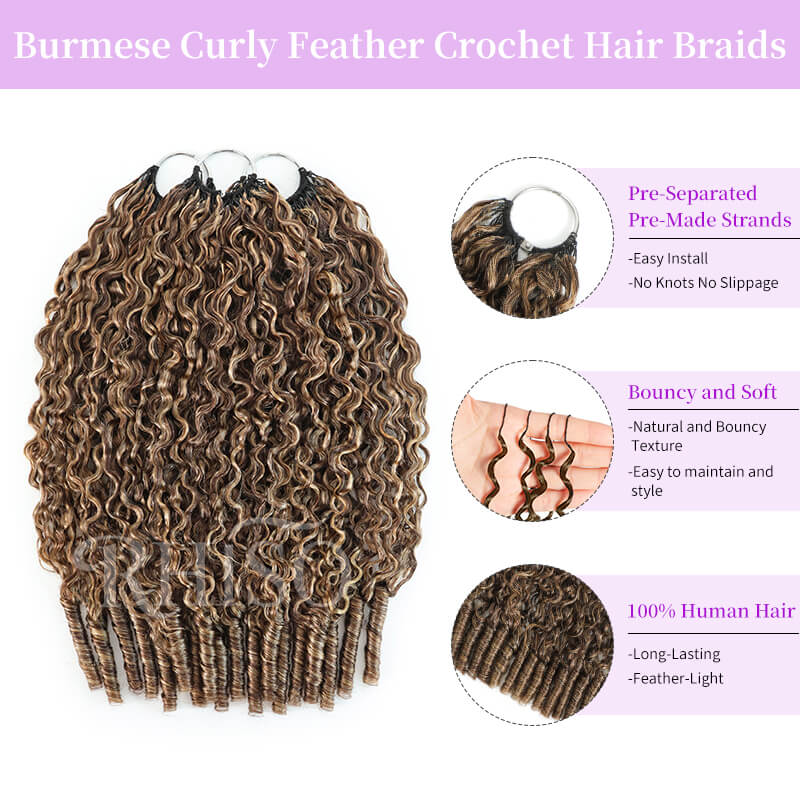 RhisoHair P4/27 Honey Blonde Highlight Burmese Curly Crochet Human Hair Miracle Knots Feather Crochet Human Hair Extension