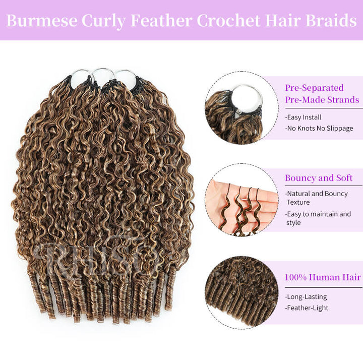 RhisoHair P4/27 Honey Blonde Highlight Burmese Curly Crochet Human Hair Miracle Knots Feather Crochet Human Hair Extension