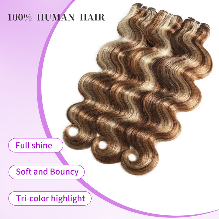Mix Brown P4/27/613 Human Hair Bundles Highlight Body Wave Bundles Human Hair Honey Blonde Double Weft Weave for Women-Rhisohair