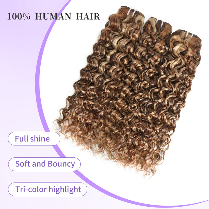 RhisoHair Mix Brown P4/27/613 Highlight Water Wave 3 Bundles with 5x5 Lace Closure Virgin Human Hair Bundles Double Weft Honey Blonde Weave for Women