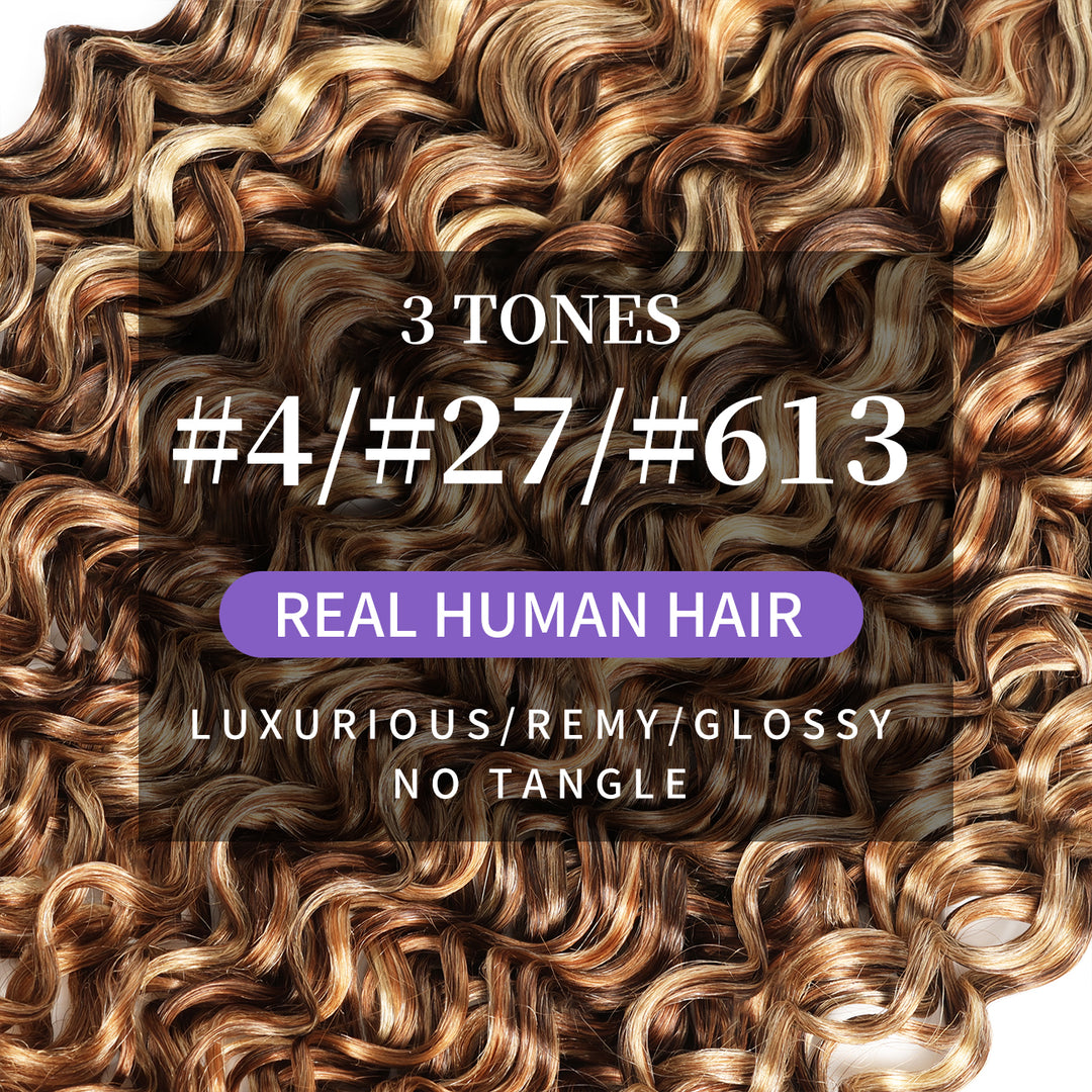 RhisoHair Mix Brown P4/27/613 Highlight Water Wave 3 Bundles with 5x5 Lace Closure Virgin Human Hair Bundles Double Weft Honey Blonde Weave for Women