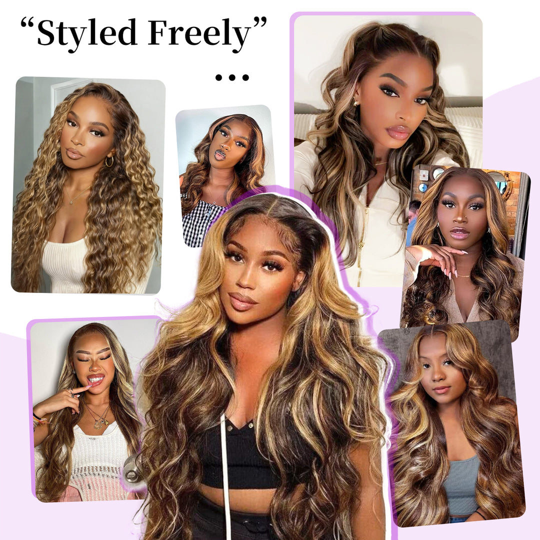 Mix Brown P4/27/613 Human Hair Bundles Highlight Body Wave Bundles Human Hair Honey Blonde Double Weft Weave for Women-Rhisohair