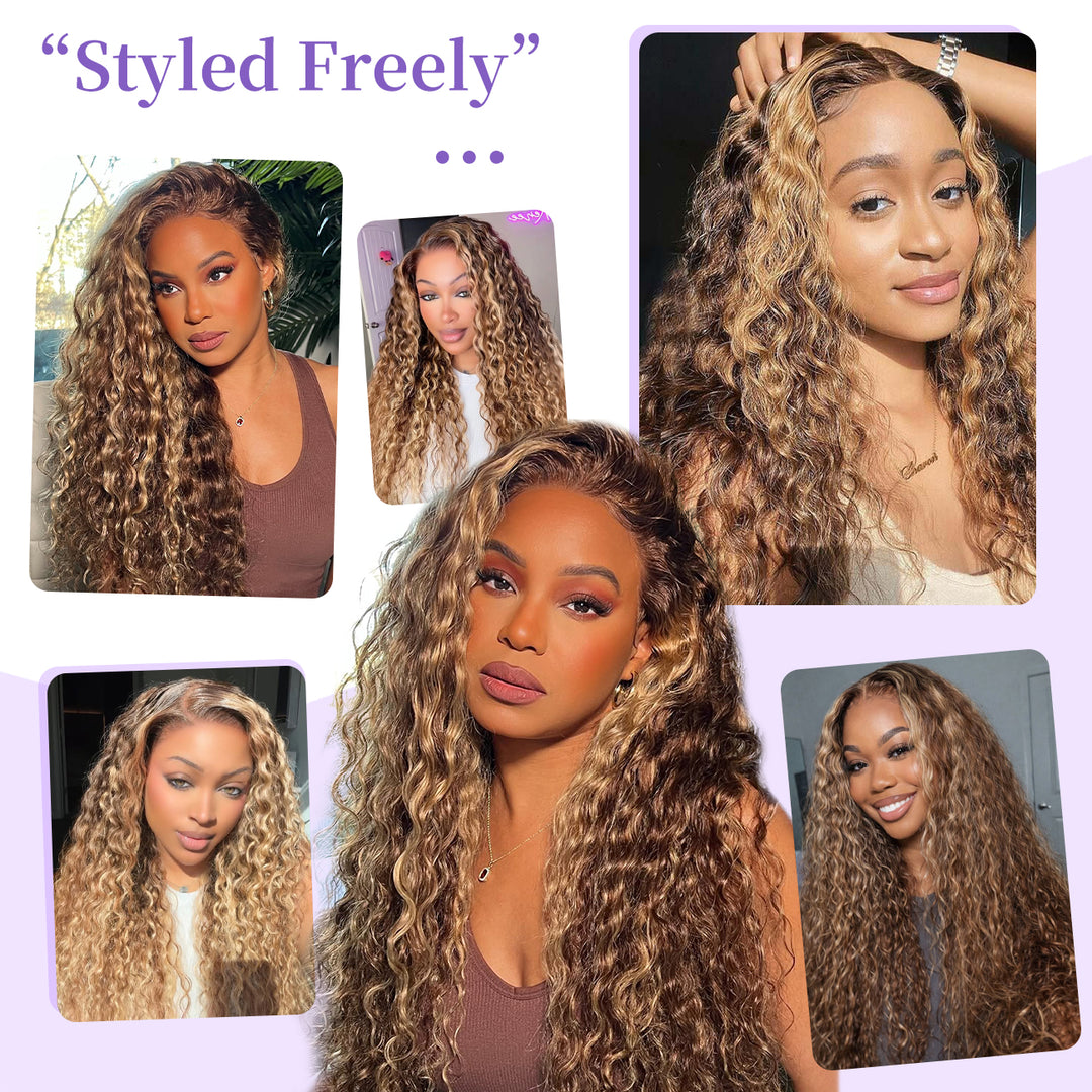 RhisoHair Water Wave 3Bundles P4/27/613 Mix Brown Highlight Human Hair 100% Brazilian Virgin Remy Hair Weft